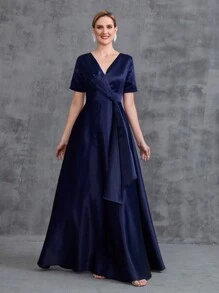 Abito da sera lungo in raso con scollo a V, abito elegante per la madre della sposa - Blu Navy - Visualizzare 1