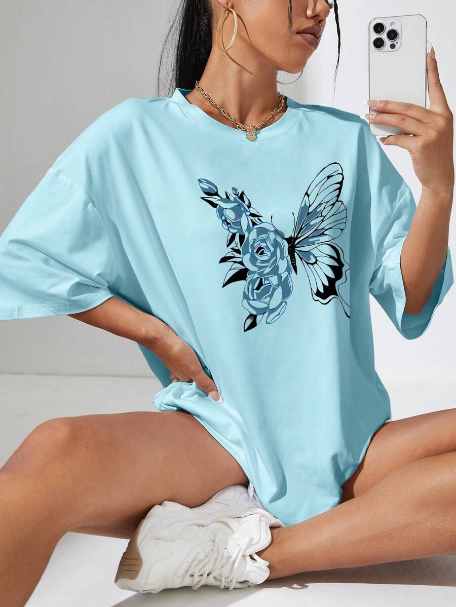 INAWLY Áo thun nữ cổ tròn tay ngắn in hình bướm, áo thun họa tiết cho nữ - Màu xanh lam - Xem 1