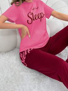 Women Summer Letter Printed Round Neck Short Sleeve T-Shirt And Long Pants Casual Pajama Set