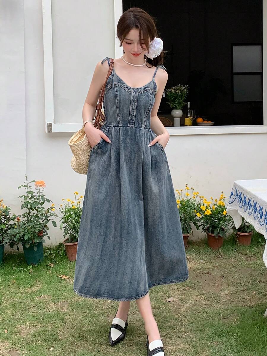 DAZY Women's Washed Denim Dress With Knot Shoulder Straps - Dark Wash - View 1