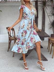 Breezaya Summer Casual Floral Print Ruffle Trimmed Dress With Decorative Bow Maxi Vacation Beach Outfits Women