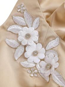 SHEIN Belle 大尺碼優雅豪華香檳金色3d花朵細節蓋肩短袖連珠片禮服,高低不規則裙擺,適用於酒會派對 - 杏色 - 查看 11