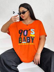 SHEIN CURVE+ Plus-Size Casual Letter Print T-Shirt - Orange - View 4