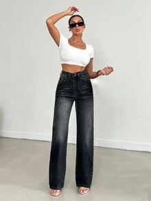 Cottnline DARK WASH BELT DETAILED WIDE LEG - Dark Wash - View 7