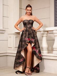 SHEIN Belle Vestido elegante negro de cintura alta asimétrico de bajo alto bordado para fiesta de soltero, ceremonia de graduación, boda, baile formal para mujeres - Negro - Ver 5