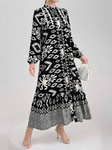 Mulvari Women Geometric Print Stand Collar Long Lantern Sleeve Arabian Modest Dress