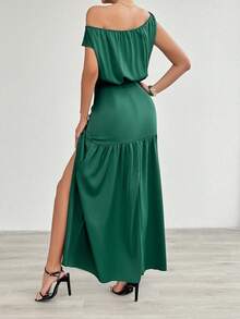 SHEIN Clasi 女士純色百褶高分裂連衣裙 - 綠色 - 查看 2