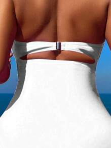 Swim SXY Women Solid Color Ruched, Hollow Out, Halter Neck, One-Piece Swimsuit For Vacation Beach,Summer Beach - White - View 3
