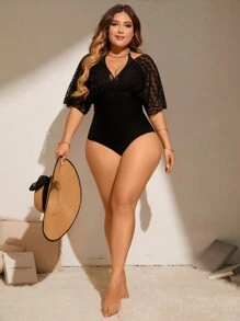 Swim Lushoire Maiô Fashion Plus Size Halter Praia de Verão com Detalhes em Mesh - Preto - Ver 5