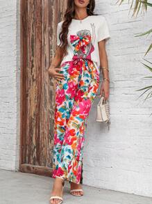 SHEIN LUNE Lässige Blumenkrawatten Taillenlange Hose und Porträt bedrucktes Kurzarm-T-Shirt Set - Verschiedenfarbig - Übersicht 4