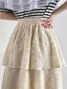 FRIFUL Women Cut-Out Elastic Waist Multi-Layered Hem Long Skirt - Beige - View 8