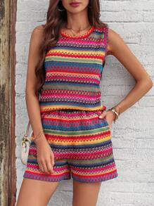 SHEIN LUNE Summer Casual Striped Round Neck Vest And Slanted-Pocket Shorts 2-Piece Set