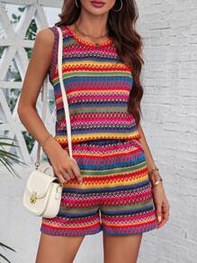 SHEIN LUNE Summer Casual Striped Round Neck Vest And Slanted-Pocket Shorts 2-Piece Set