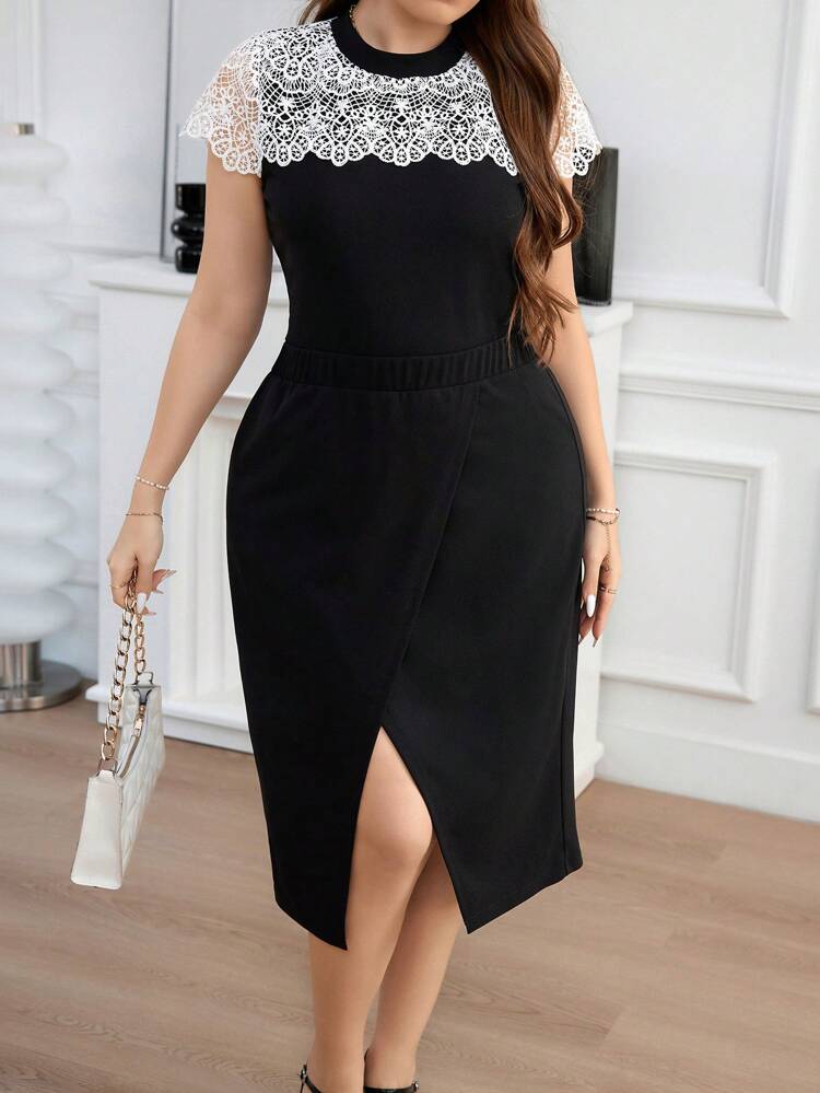 Plus Size Women Professional Teacher Work Lace Floral Color Block Shirt And Slit Hem Skirt Set For Summer