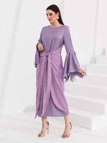 Modelyn 女性圓領純色喇叭袖帶子聚會聚會連衣裙 - 淡紫色 - 查看 8