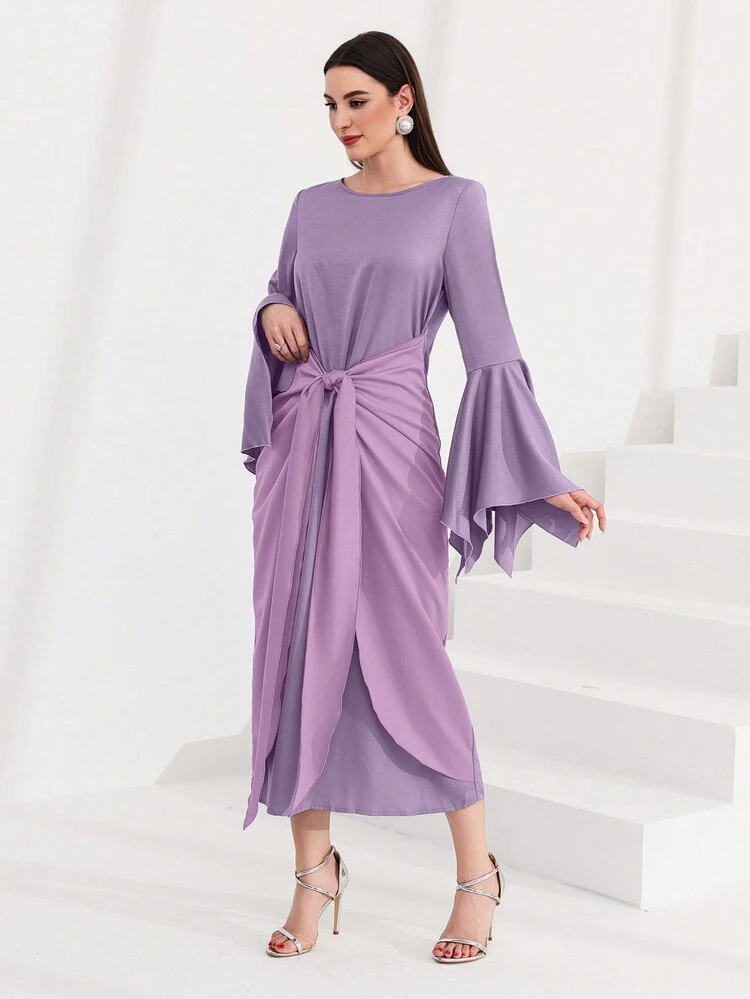 Women Round Neck Solid Color Bell Sleeve Tie Party Gathering Match Dress Fall Cloth For Women