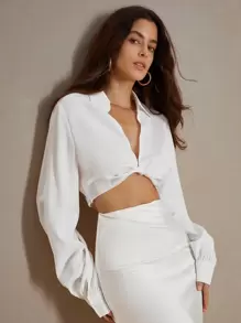 Anewsta Elegant White Satin Cropped Sexy Urban Women Shirt