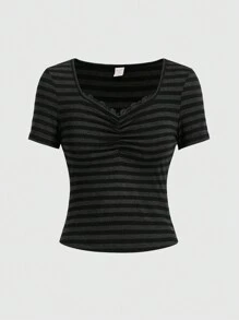 ROMWE Grunge Punk 女性條紋甜心領短袖褶皺休閒T恤，適用於夏季 - 黑色 - 查看 1