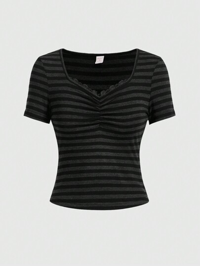 Grunge Punk T-shirt décontracté à manches courtes et plissé à encolure évasée pour femmes à rayures pour l"été