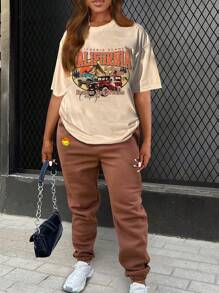 Slaydiva 大码休闲复古越野图案圆领短袖宽松 T 恤，适合大码女士，适合夏季 - 杏色 - 查看 1