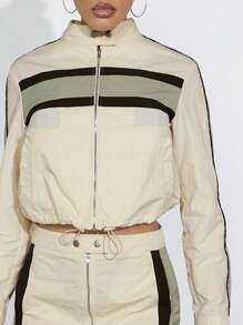 Denimoi Colorblock Striped Drawstring Hem Zip Up Crop Jacket - Multicolor - View 3