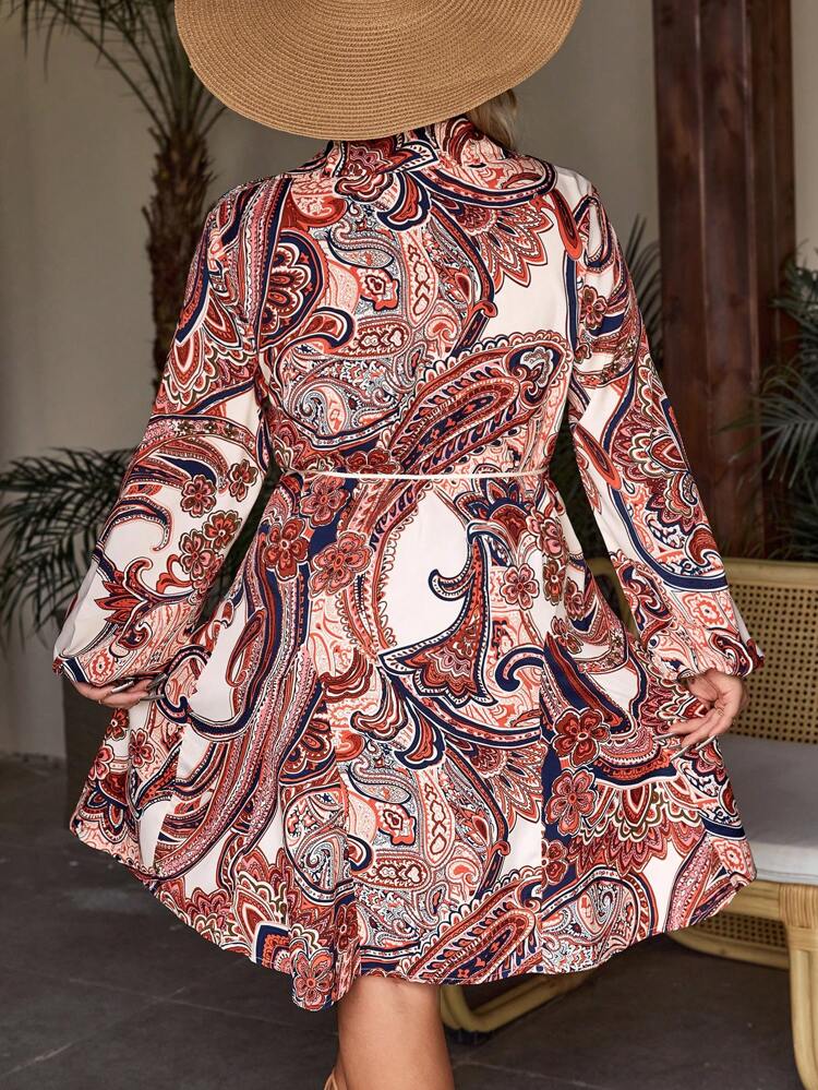 Plus Paisley Print Lantern Sleeve Belted Shirt Summer Dress