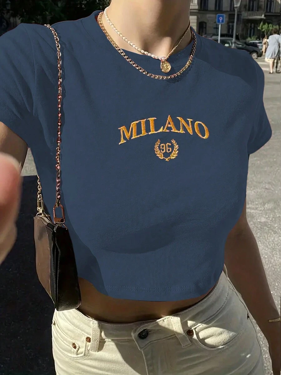 INAWLY 女裝短袖休閒夏季T恤，有字母刺繡 - 霧霾藍 - 查看 1