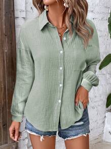 SHEIN LUNE Drop Shoulder Pocket Patched Shirt - Green - View 6
