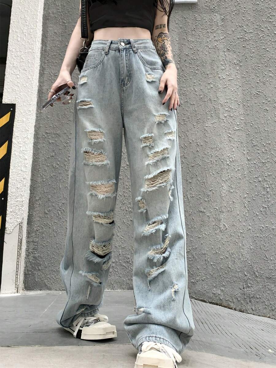 女士口袋破洞寬腿洗水褲 - 淺色水洗藍 - 查看 1