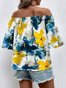 SHEIN Holidaya Áo nữ ống rộng dáng rộng mùa xuân/hè có in hoa, thiết kế lệch vai và tay áo loe - Màu vàng - Xem 2