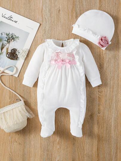 SHEIN 2pcs/Set New Born Baby Girl Frill Floral Embroidery Long Sleeve Jumpsuit & Hat For Spring, Summer And Autumn