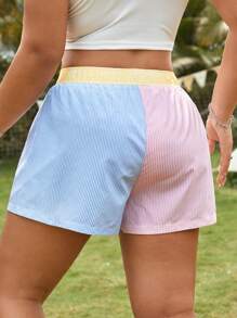 Comfortcana Plus Size Contrast Color Striped Casual Beach Shorts, Summer - Multicolor - View 2