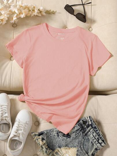 INAWLY Women Solid Color Simple Short Sleeve Casual Summer T-Shirt