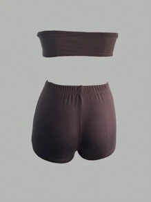 INAWLY Women's Simple Plain Sexy Strapless Top & Shorts Set - Coffee Brown - View 8