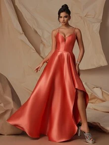 VIPGIRL Elegant Orange Spaghetti Strap High-Low Gown  Formal Dress - Orange - View 4