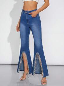 Denimoi Rhinestone Fringe Flare Leg Jeans - Medium Wash - View 3