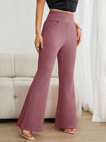 SHEIN Essnce Women Solid Color Flared Pants With Pockets For Summer Casual - Dusty Pink - View 4