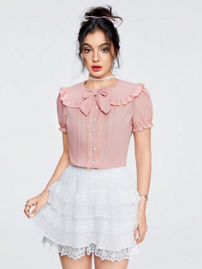 Kawaii Camisa ajustada para mujer con mangas abullonadas, lazo, botones con forma de corazón, detalles de encaje rosa