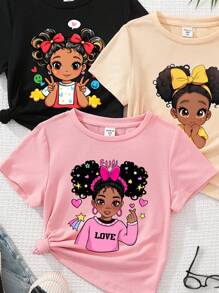 SHEIN Leap Crew ModeFlare Wear Young Girl Casual Simple Cartoon Pattern Three T-Shirts Set Suitable For Summer - Multicolor - View 3