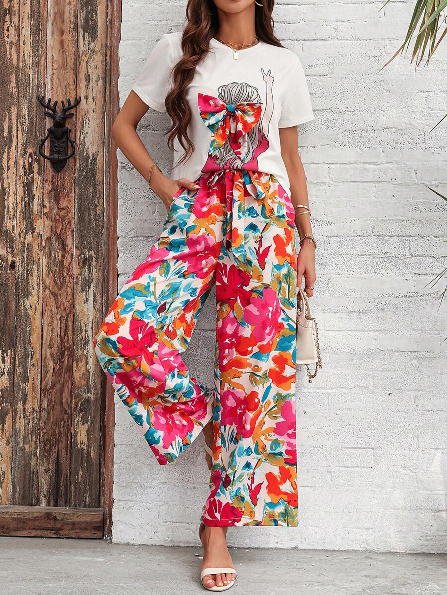 SHEIN LUNE Lässige Blumenkrawatten Taillenlange Hose und Porträt bedrucktes Kurzarm-T-Shirt Set - Verschiedenfarbig - Übersicht 1