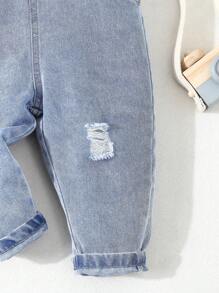 Overol de mezclilla para bebé con diseño de león pintado suave y lindo, lavado con agua para efecto desgastado - Azul lavado medio - Ver 6