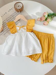 SHEIN Young Girl Weaving Color Contrasting Ruffle Trim Square Neck Loose Casual Shirt With Weaving Solid Color Shorts 2-Piece Set