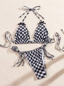 SHEIN Swim Summer Women Plaid Print Bow Detail Bikini Set - Black and White - View 2
