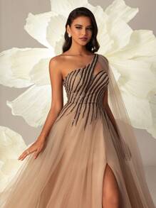 VIPGIRL Women Mesh Oblique-Shoulder Long Evening Dress Elegant Formal Prom Wedding Guest Gown, For Graduation, Dinner - Khaki - View 7