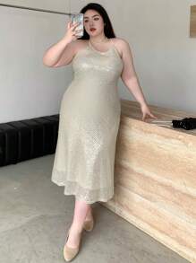 Dazy Plus Plus Size Women Sexy Fitted Sequin Party Long Camisole Dress Party Women Sundress Homecoming Dresses Prom Dress New Year Eve Dress Sparkly Dress Cocktail Dress - Apricot - View 6