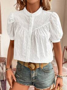 SHEIN Frenchy Áo cánh thêu lỗ bằng vải cottonblend, áo trắng mùa hè, áo sơ mi tay ngắn tay bồng Cottagecore mùa xuân/hè - trắng - Xem 4