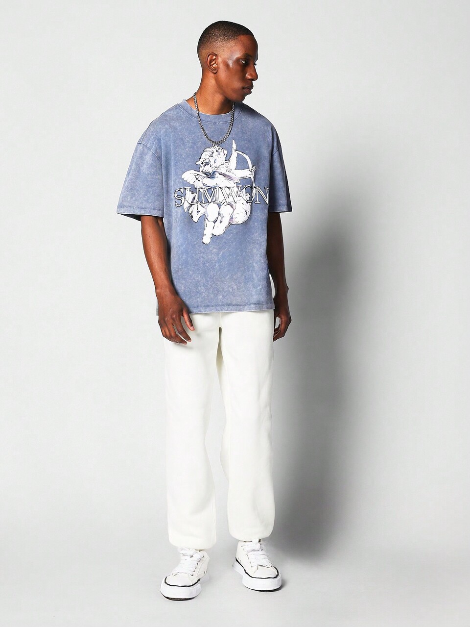 SUMWON Angel Design T-Shirt Oversized Fit Washed Cotton Chrome Effect Logo Print Streetwear Fashion Summer Casual Top