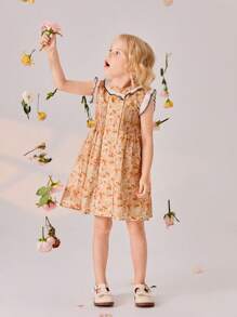 SHEIN 年輕女孩1件荷葉邊連衣裙，花卉印花夏季短裙