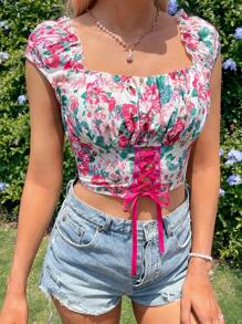 Breezaya Romantic Printed Color Block Fashionable Vacation Tie Front Shirt    Corset Top - Multicolor - View 4