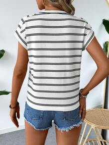 SHEIN LUNE Áo thun dệt kim cổ tròn màu đen trắng in hình mùa hè thông thường thoải mái cho kỳ nghỉ - Đen và trắng - Xem 2